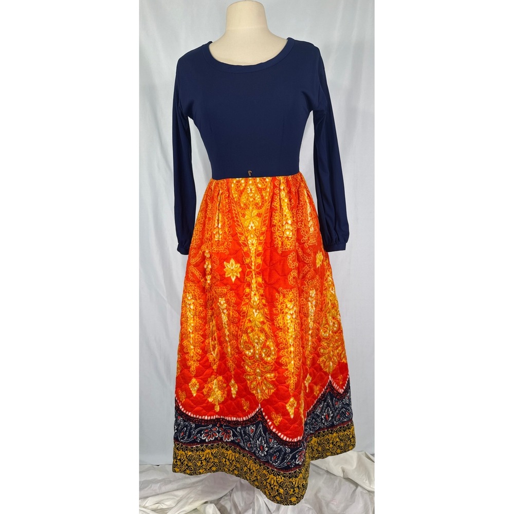 Vintage Howard Wolf Blue Orange Quilted Skirt Paisley Maxi Hostess Dress 36 bust